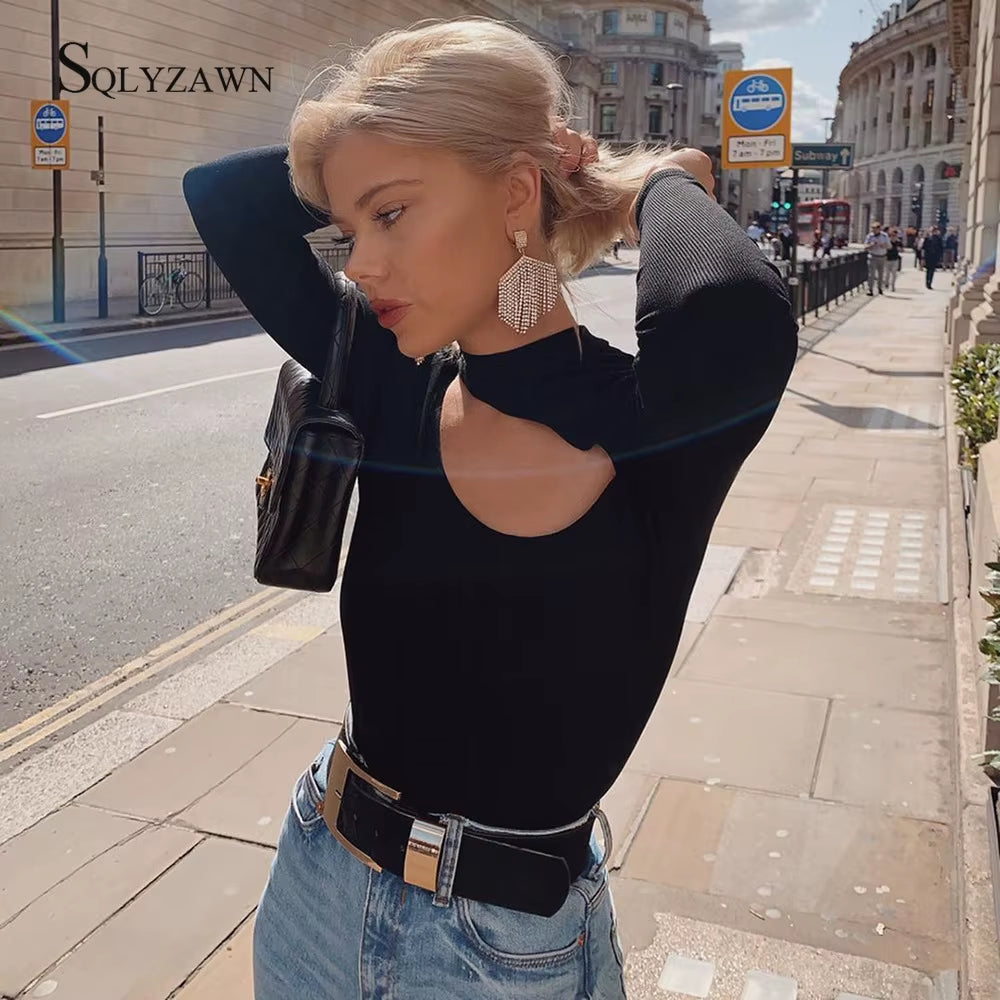 Black Turtleneck Women‘S Bodysuit 2019 Autum Sexy Hollow Out Long Sleeve Bodysuit Casual Rompers Solid Color Slim Jumpsuit Body